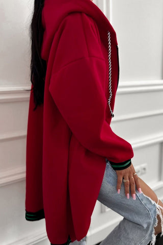 Racing Red Contrast Cuffed Drop Shoulder Zip up Tunic Hoodie