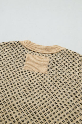 Khaki Geometric Print Drop Shoulder Round Neck Long Sleeve Sweater