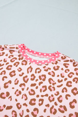 Pink Leopard Polka Dot Colorblock Trim Long Sleeve Top