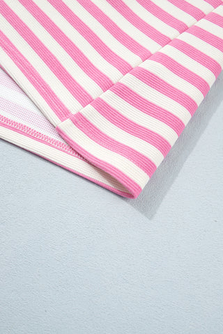 Pink Striped Long Sleeve Crew Neck Drawstring Waist Shorts Set