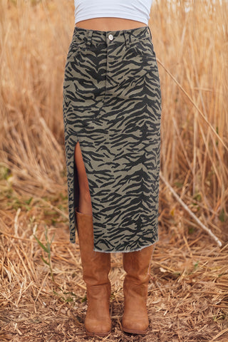 Brown Leopard Print Side Split Frayed Hem Denim Midi Skirt
