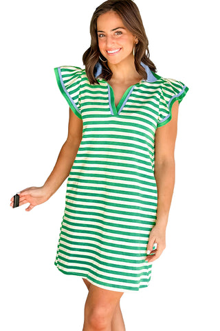 Green Stripe Print Contrast Collar Split Neck Flutter Sleeve Short Dress