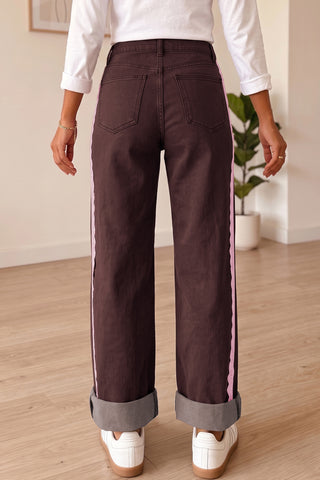 Coffee Lace Trim Casual Full-Length Regular Fit Jeans
