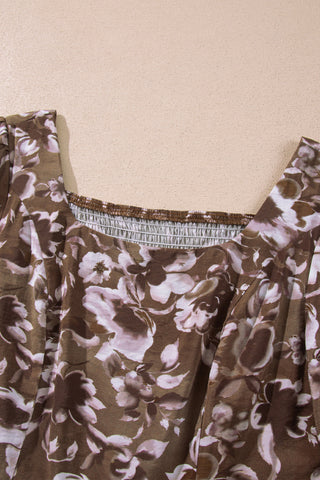 Brown Abstract Floral Print Square Neck Long Sleeve Mini Shift Dress