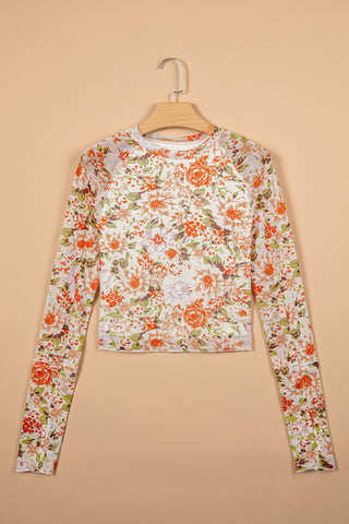 Multicolour Floral Print Mesh Thumbhole Long Sleeve Slim Top