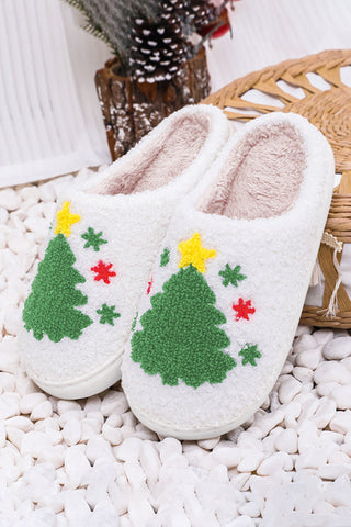 White Fuzzy Christmas Tree Pattern Home Slippers