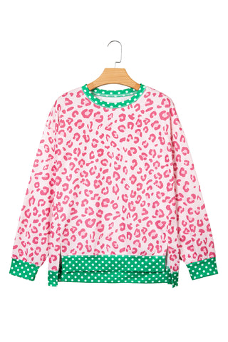 Pink Leopard Polka Dot Colorblock Trim Long Sleeve Top