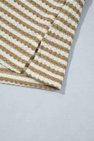 Brown Stripe Textured Knit Long Sleeve Top Elastic Waist Shorts Casual Outfit