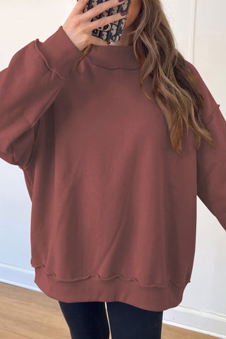 Red Dahlia Oversize Drop Shoulder Reversible Mock Neck Sweatshirt
