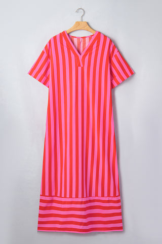 Red Stripe V Neck Cuffed Sleeve Relaxed Split Midi Dress