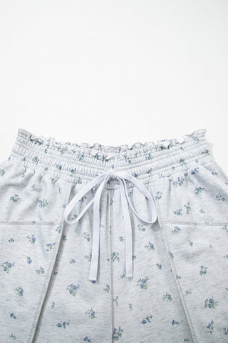 Gray Floral Print Elastic Waist Regular Fit Pants