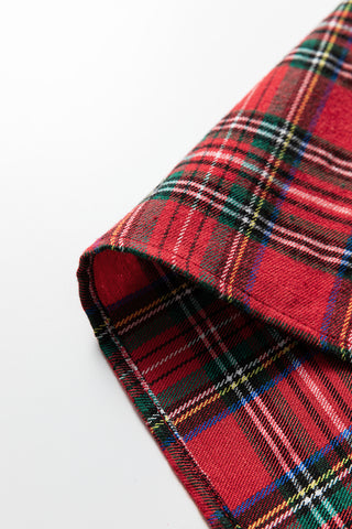 Red Festive Plaid Pearl Embellished Ruffle Short Sleeve Blouse