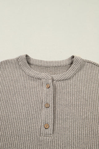 Simply Taupe Plus Size Ribbed Knit Kangaroo Pocket Henley Long Sleeve Top