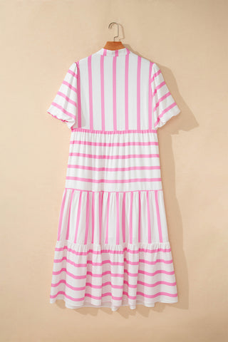 Pink Stripe Plus Size V Neck Short Puff Sleeve Tiered Maxi Dress