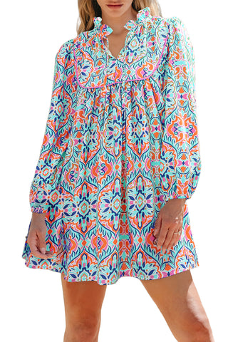 Khaki Abstract Printed Long Sleeve Tied Neckline Mini Dress