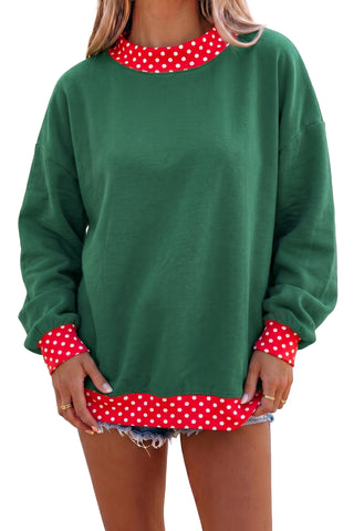 Dark Green Colorblock Polka Dot Contrast Trim Oversized Sweatshirt