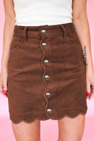 Coffee Button Front Corduroy Mini Pockets Sheath Silhouette Skirt