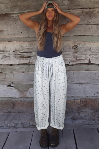Gray Floral Print Elastic Waist Regular Fit Pants