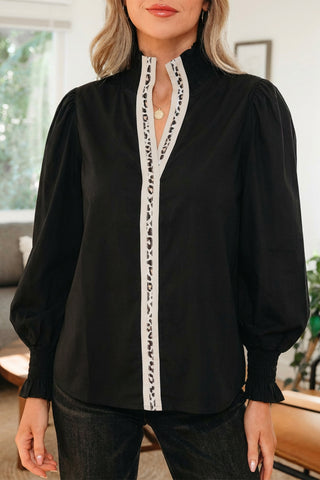 Black Puffy Flounce Sleeve Leopard Trim V Neck Blouse