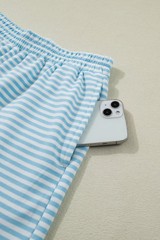 Sky Blue Stripe Cuffed Sleeve Contrast Mock Neck Tee Casual 2pcs Short Set