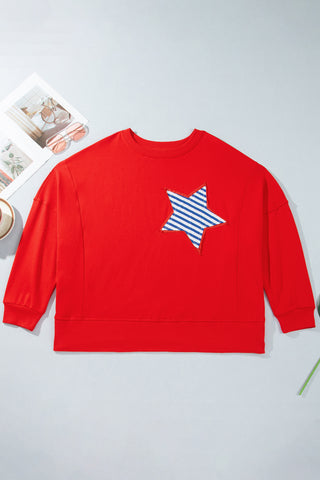 Fiery Red Patch Embroidery Star Colorblock Plus Size Sweatshirt