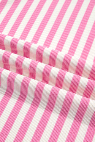 Pink Striped Long Sleeve Crew Neck Drawstring Waist Shorts Set