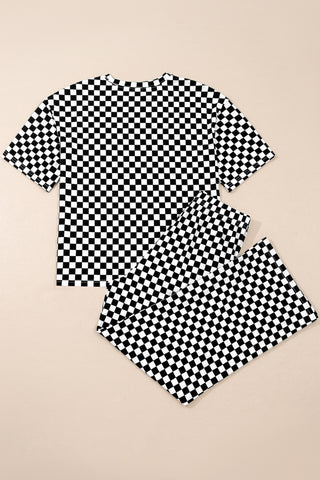 Black Checkered Print Half Sleeve Tee 2pcs Lounge Pant Set