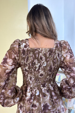 Brown Abstract Floral Print Square Neck Long Sleeve Mini Shift Dress