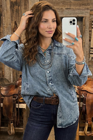 Dusk Blue Western Long Sleeve Shirt Collar Tunic Denim Jacket