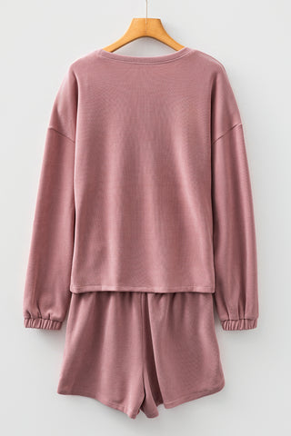 Dark Brown Solid Color Textured Knit Drop Shoulder Pullover Drawstring Shorts Set