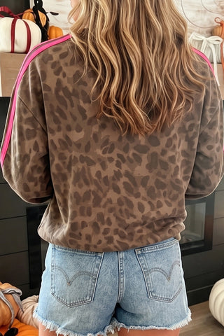 Brown Leopard Print Striped Detail Relaxed Pullover Sweatshirt