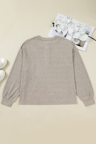 Simply Taupe Plus Size Ribbed Knit Kangaroo Pocket Henley Long Sleeve Top