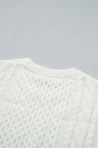 Beige Solid Color Cable Detail Knit Loose Round Neck Sweater