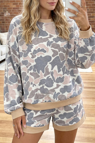 Multicolour Camouflage Patchwork Colorblock 2pcs Long Sleeve Top and Shorts Set
