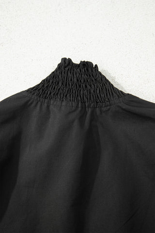 Black Puffy Flounce Sleeve Leopard Trim V Neck Blouse