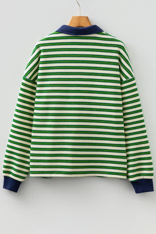 Racing Red Striped Print Contrast Collar Zip V Neck Long Sleeve Top
