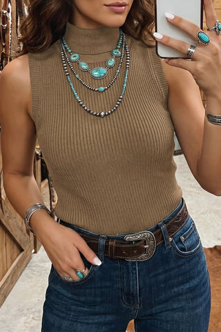 Chicory Coffee Western Ribbed Knit High Neck Sleeveless Waist Slim Fit Sweater Vest