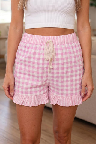 Sky Blue Gingham Print Ruffle Striped Detail Lace Tie Shorts