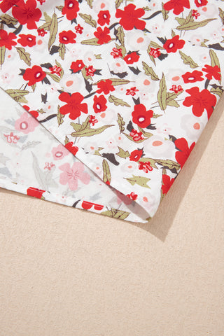 Red Floral Print Short Puff Sleeve Button Front Shirt