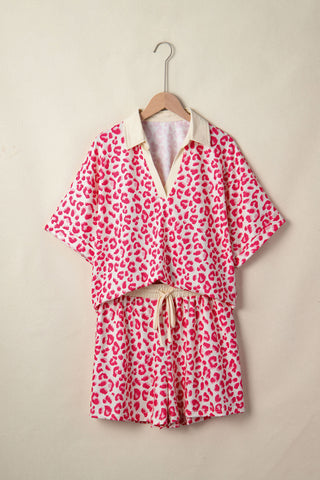 Rose V Neck Collar Leopard Printed 2pcs Short Set