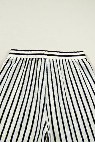 White Stripe Ruffle Trim Drop Shoulder Top Drawstring Loose Pant Set