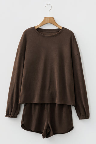 Dark Brown Solid Color Textured Knit Drop Shoulder Pullover Drawstring Shorts Set