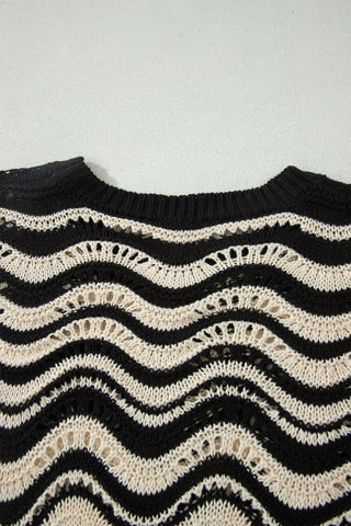 Black Stripe Wavy Crochet Eyelet Detail Ruffle Half Sleeve Sweater