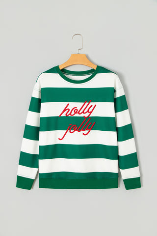 Red Stripe holly jolly Letter Embroidered Pullover Sweatshirt