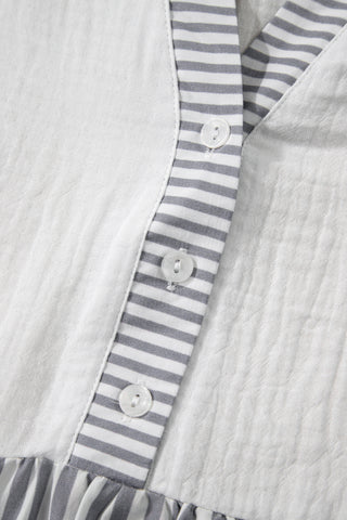 Gray Stripe Half Button Gauze Patchwork Bracelet Sleeve Babydoll Blouse