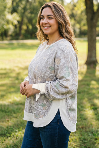 Khaki Camouflage Print Round Neck Long Sleeve Shift Plus Size Sweatshirt