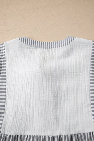 Gray Stripe Half Button Gauze Patchwork Bracelet Sleeve Babydoll Blouse