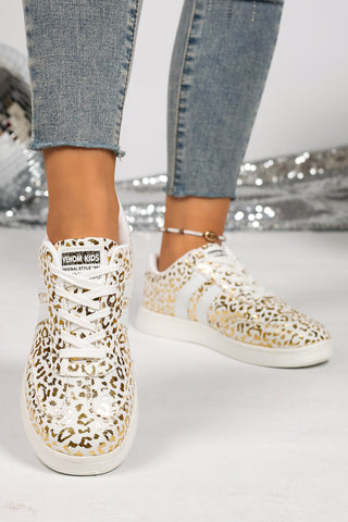 White Leopard Print PU Leather Detail Lace Up Casual Shoes