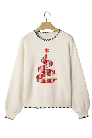 Beige Stitched Detail Christmas Tree Holiday Casual Sweater