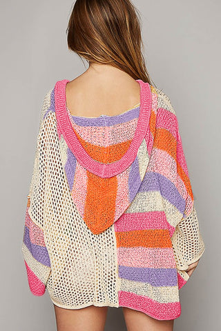 DEAR-LOVER Beige Oversized Colorblock V Neck Hooded Sweater